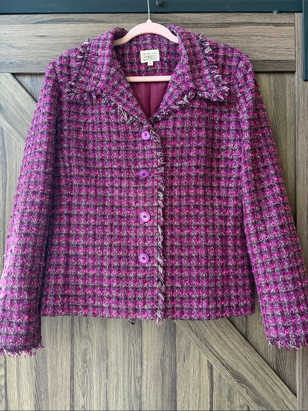 Vintage Haggar For Her Magenta Purple Tweed Fringe Blazer Size 14 Career Chic